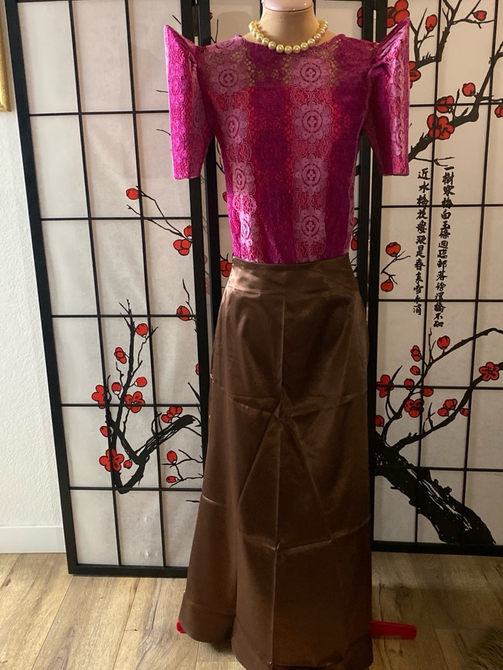 Filipiniana xL Blouse Set with a Brown Satin Maxi Skirt - Women's Classic A-Line